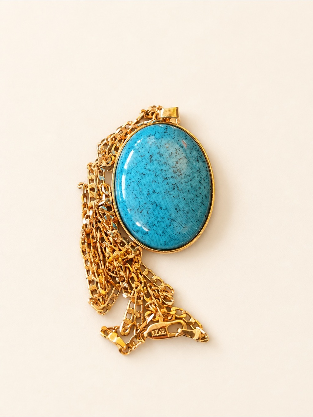 Turquoise Blue Oval Cabochon Statement Pendant Necklace Gold Tone Cairo Egypt